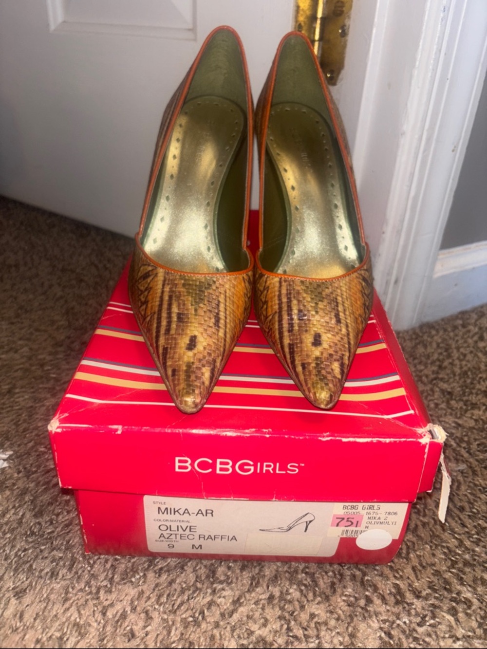 BCBGirls Olive and Brown Raffia Pointed-Toe Pumps